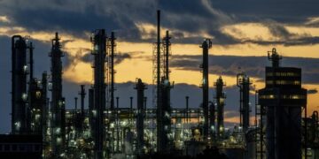 Chimneys and pipes are pictured on the BASF chemical plant in Ludwigshafen, Germany, Tuesday, Sept. 27, 2022. (AP Photo/Michael Probst)/PRO130/22270689709874//2209272116