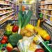 Einkaufswagen mit Lebensmitteln  im Supermarkt